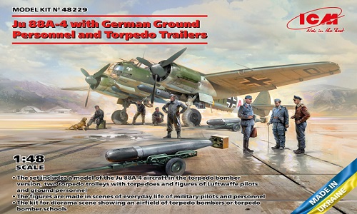 Ju 88A-4 with German Ground Personnel and Torpedo Trailers in Scala 1:48 ICM 48229 * Euro 68,00 in Kit * Euro 178,00 Costruito (Iva Incl.)